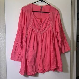 New Directions Weekend Cotton Boho-Peasant Bell Sleeve Coral Color Tunic Sze XL
